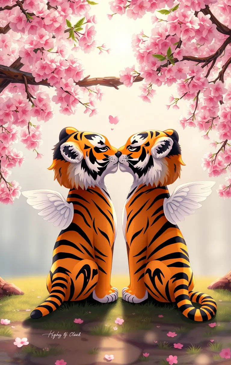 Winged chibi tigers kiss beneath cherry blossoms in dappled sunlight