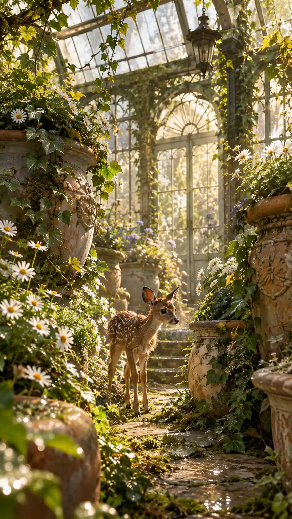 A tiny fawn explores an abandoned Victorian greenhouse among oversized pots