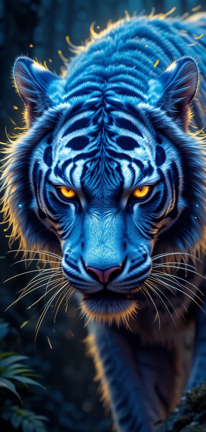 Tigre blu e bianca con occhi gialli fiammeggianti in una foresta oscura e mistica