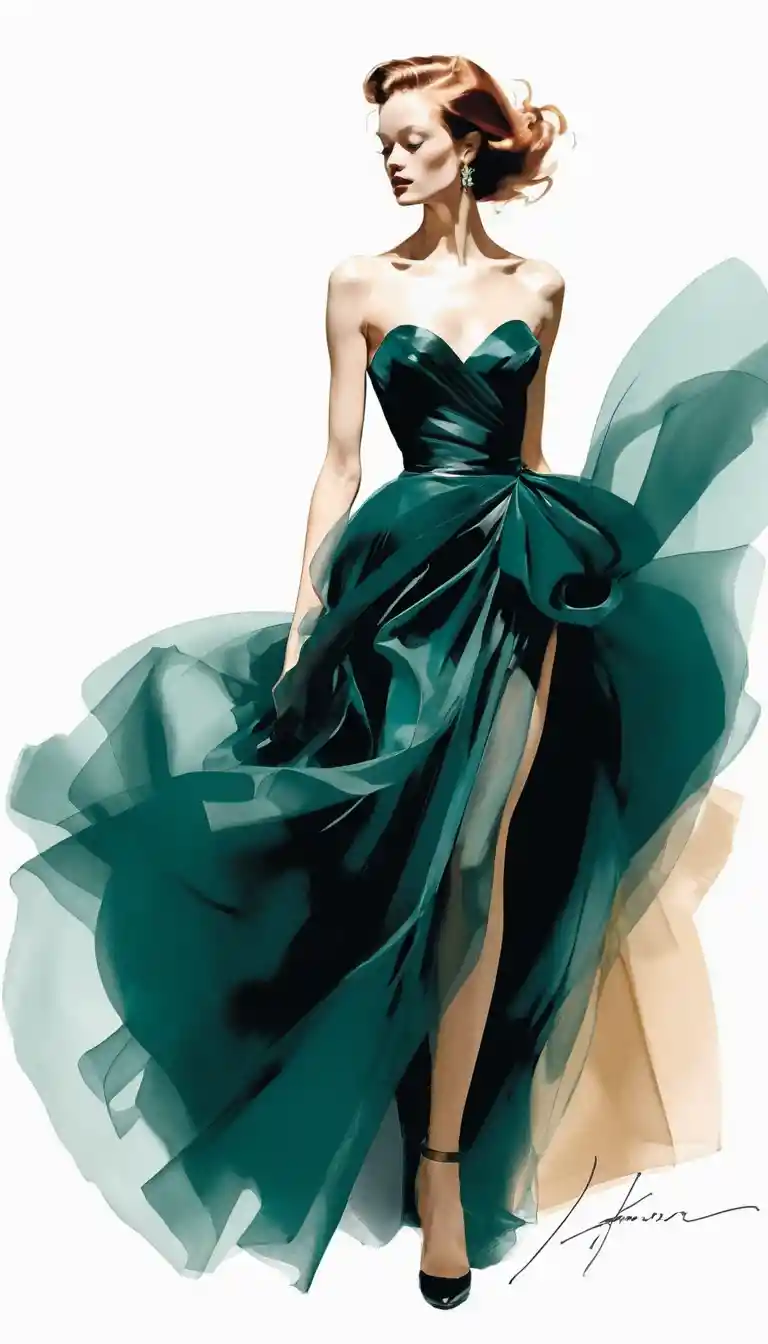 A woman draped in flowing organza with sensual, passionate elegance