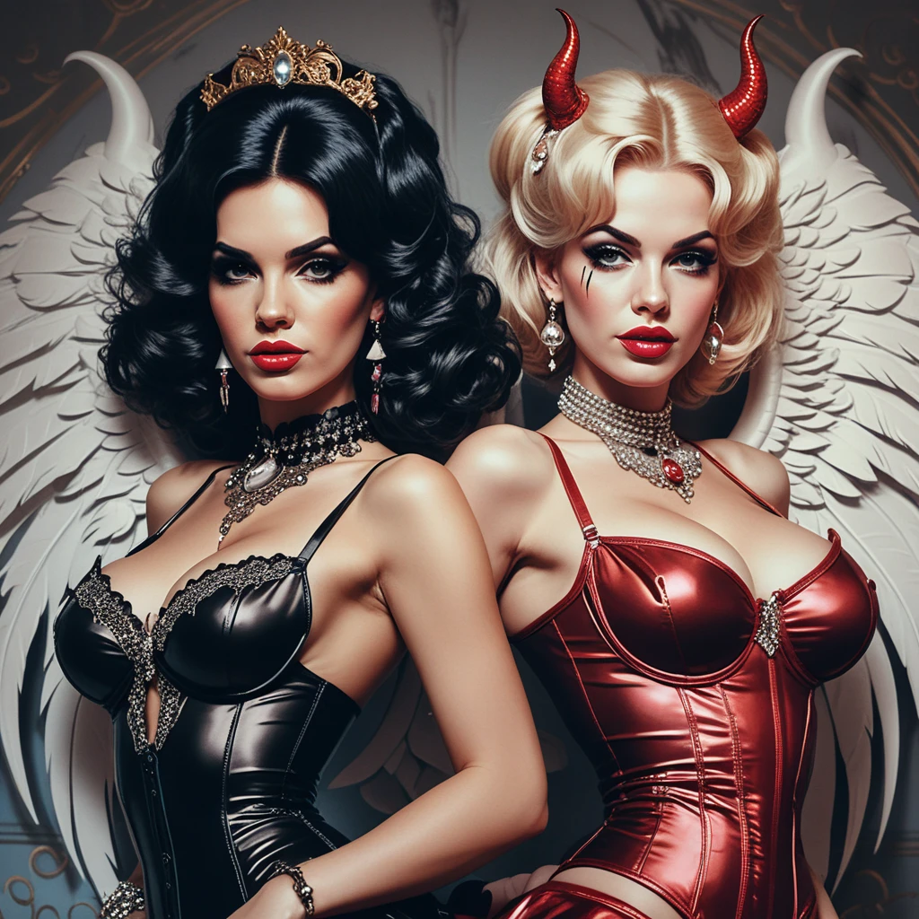 Two women pose as angel and devil in glamorous Halloween pinup style