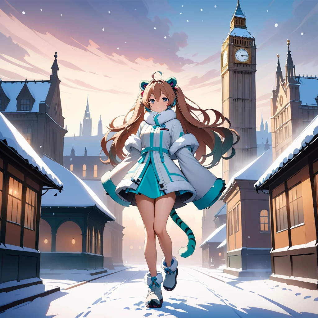 虎女佇立在白雪覆蓋的屋頂上，背景是大笨鐘
