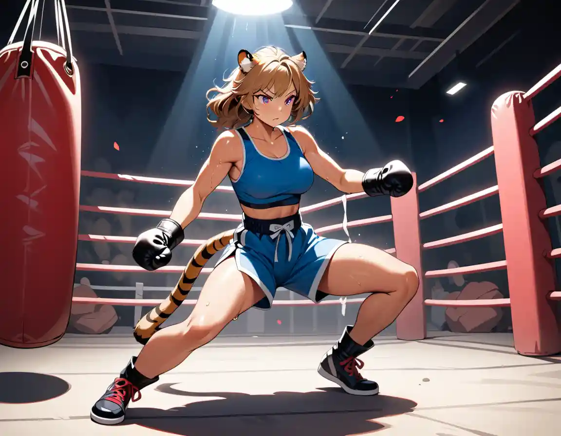 A tiger woman boxer holds her stance inside a dim boxing ring