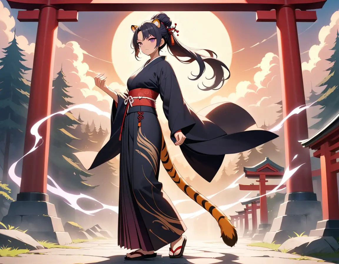 Une guerrière tigresse se tient au-dessus des nuages, katana à la main