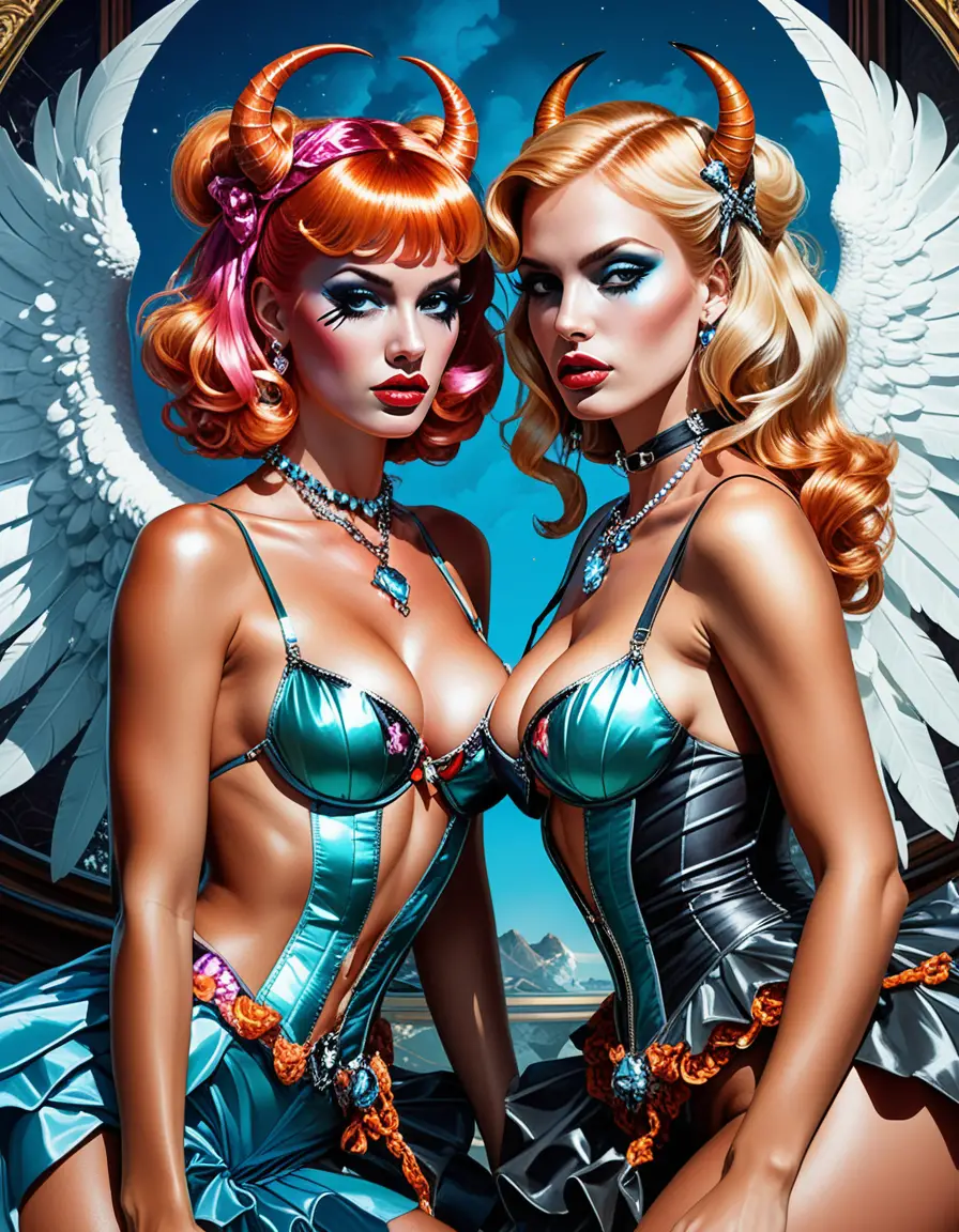 Angel and devil pinup women pose together in baroque Halloween costumes