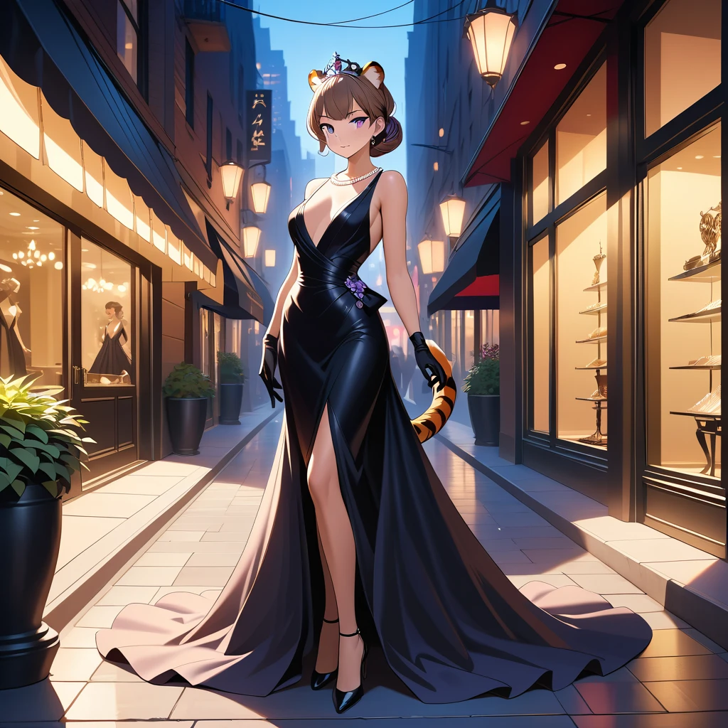 身穿優雅黑色禮服的虎女，佇立於珠寶精品店外