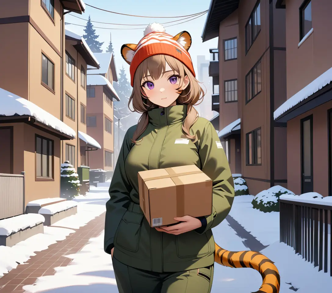 虎紋女子在積雪的公寓大樓外抱著一個包裹
