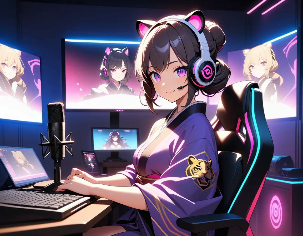 Eine Tigerfrau-VTuberin streamt live aus einem neonbeleuchteten Tatami-Zimmer