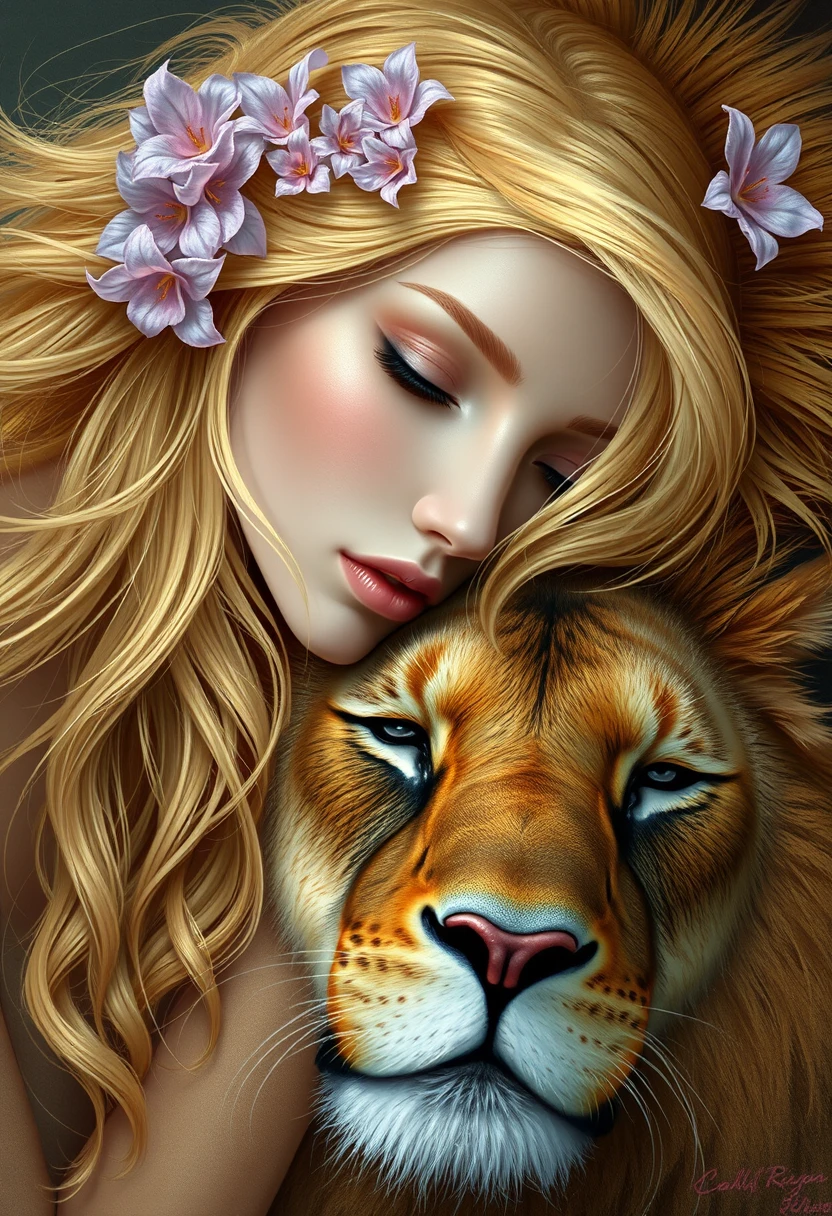 An ethereal woman lovingly rests her head against a lion's mane