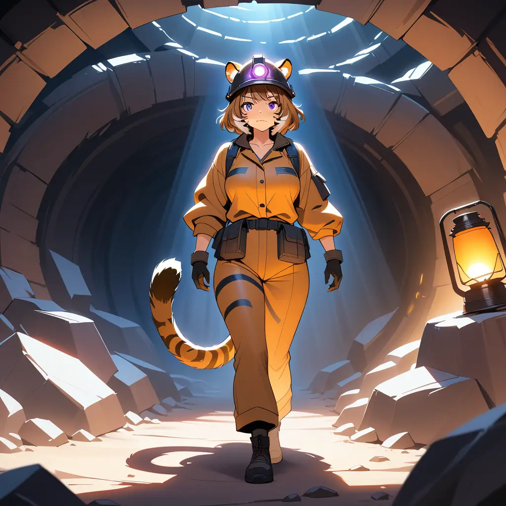 Eine Tigerfrau als Bergarbeiterin steht in einem schattigen unterirdischen Minentunnel
