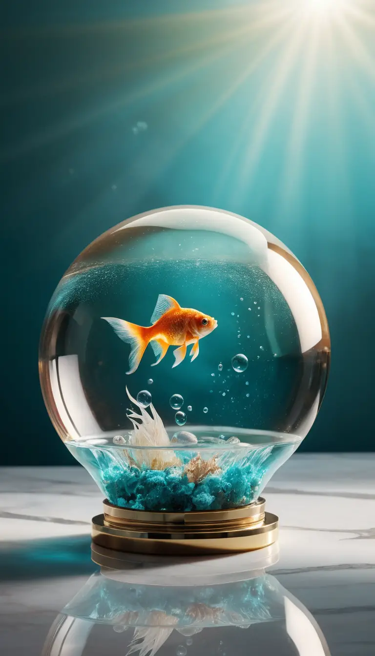 Eine neonbeleuchtete Kristallglühbirne beherbergt einen Goldfisch über einem Marmortisch