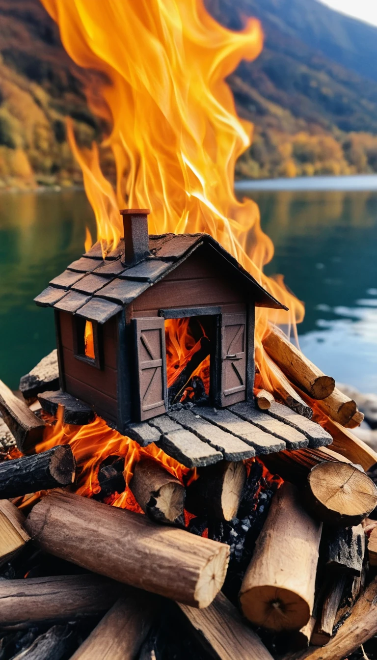 Une petite maison au bord du lac, nichée dans les flammes d'un feu de camp