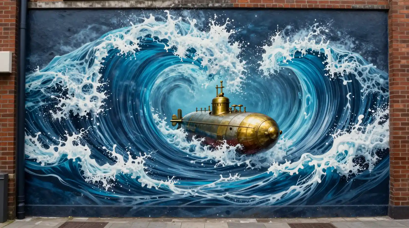 A brick alley mural opens into a surging ocean whirlpool