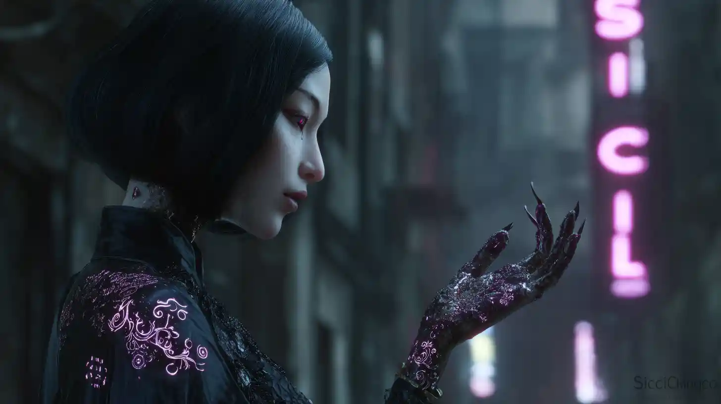 An East Asian woman raises her palm in a glowing industrial alley