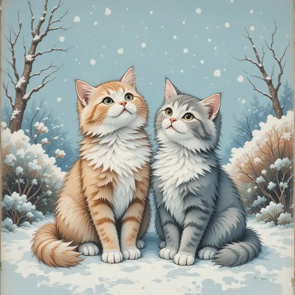 Two fluffy cats watch falling snow in a quiet winter landscape