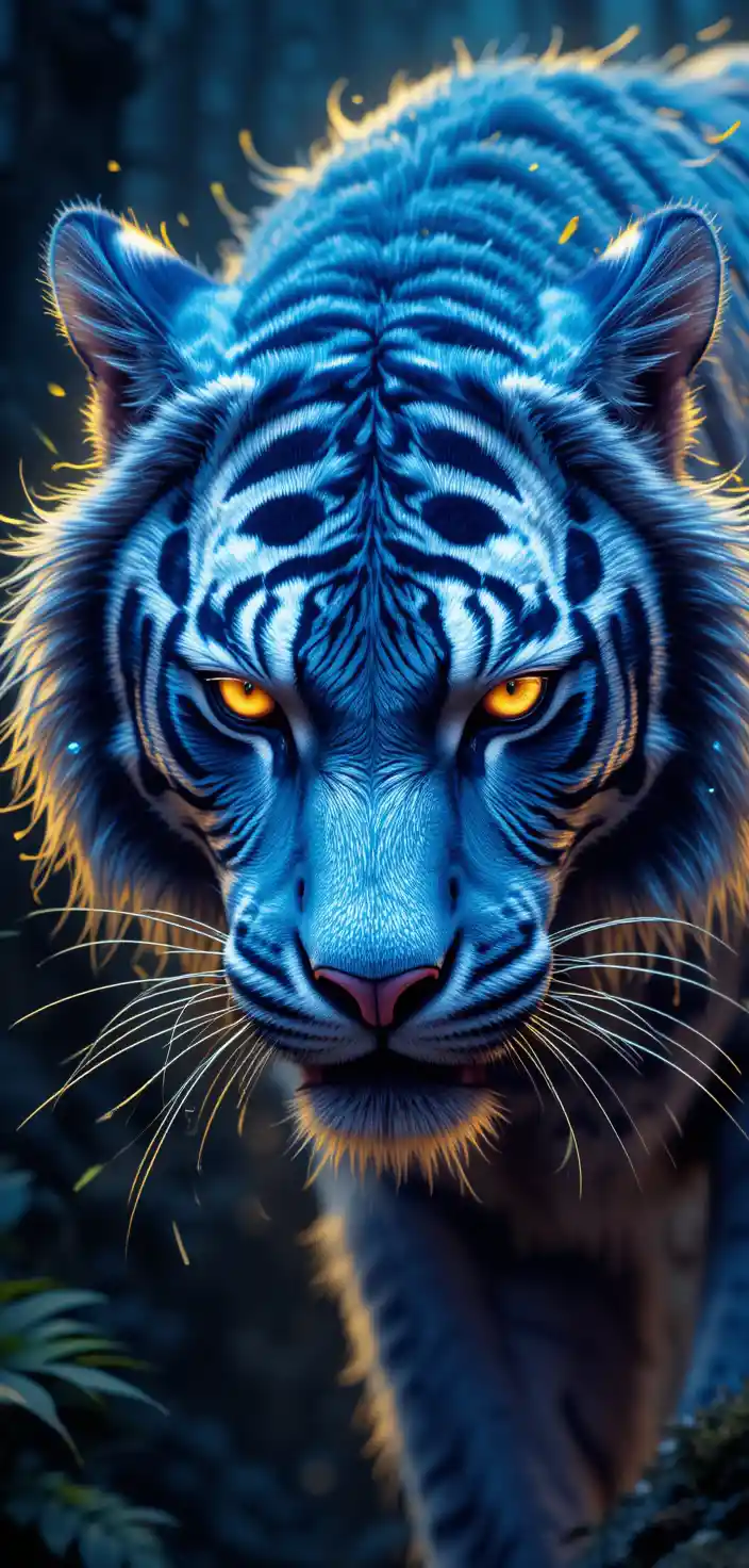 Blue and white tiger with blazing yellow eyes in a dark mystical forest