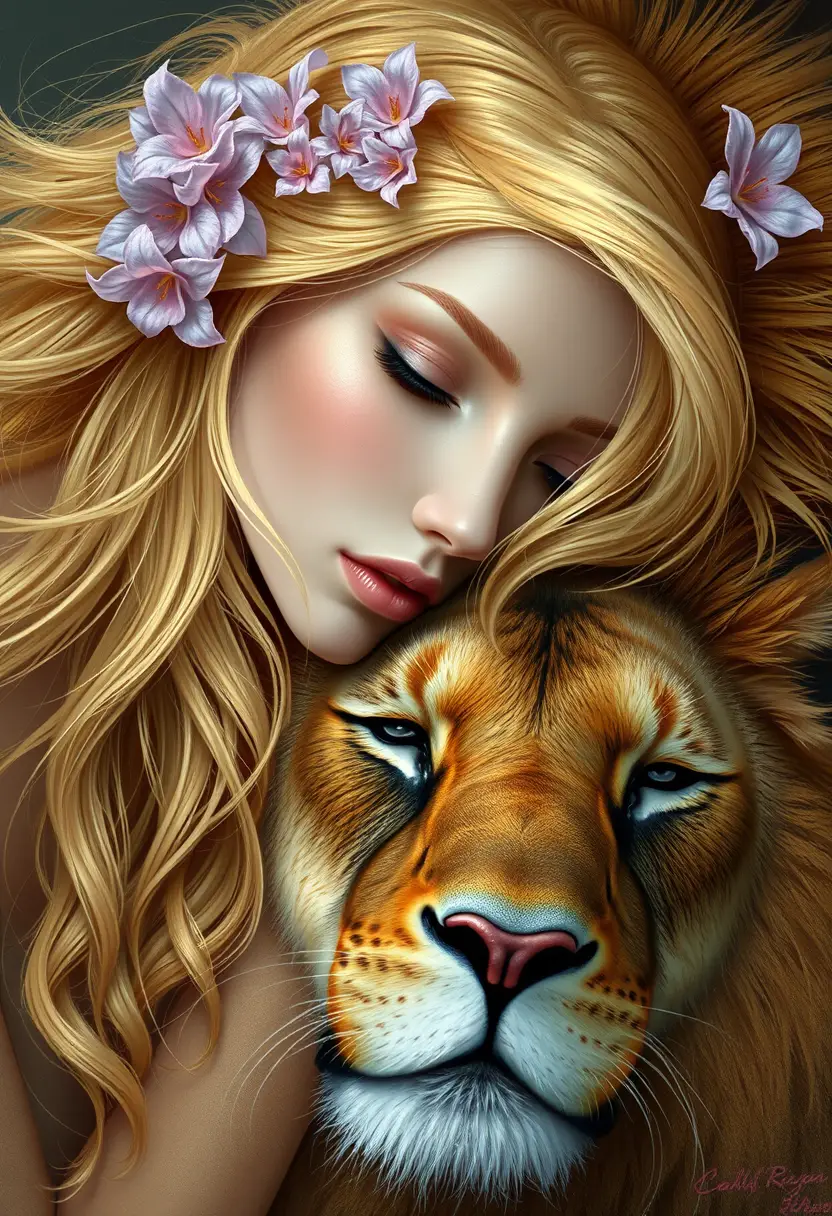 An ethereal woman lovingly rests her head against a lion's mane