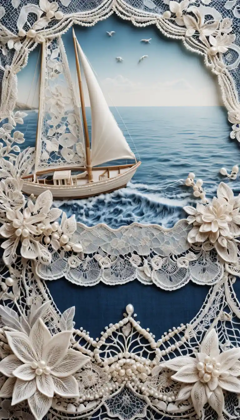 Antique lace patchwork adorned with pearls and beads in a fantasy design