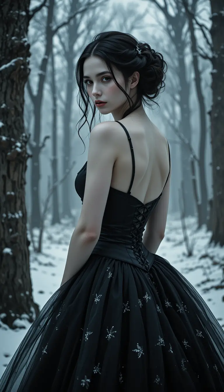 白雪覆蓋的樹林間，一位黑髮女子身穿黑色洋裝回眸