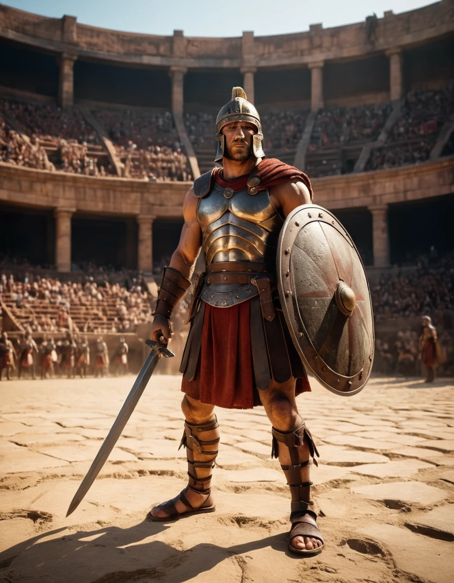 Un gladiador romano se enfrenta a la multitud en una antigua arena