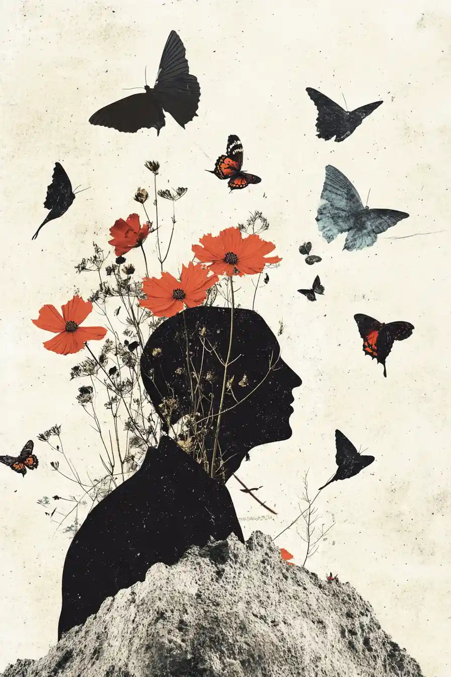 A serene surreal collage presents dreamlike elements against concrete
