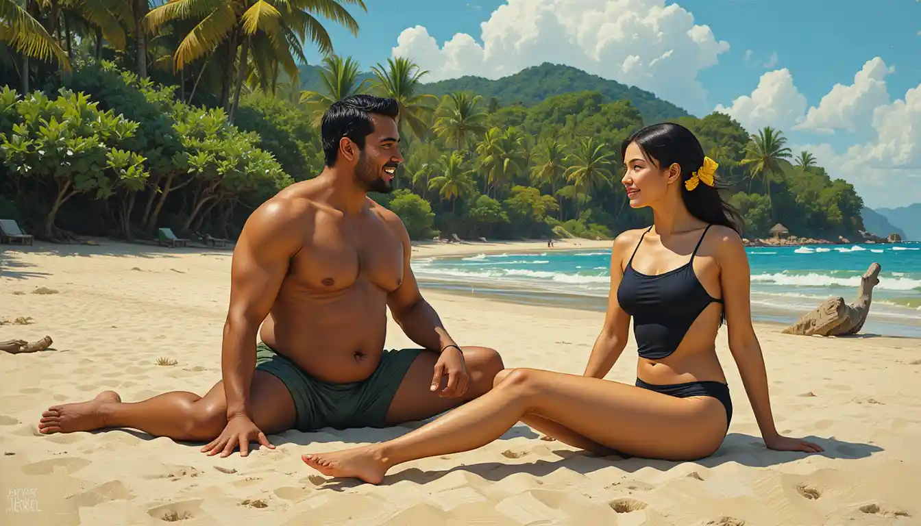 Two adults share a quiet moment on a sunny tropical beach