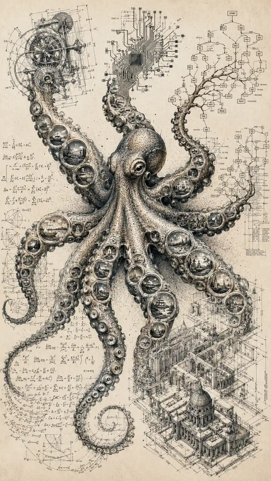 An octopus extends eight tentacles into intricate worlds of design and logic
