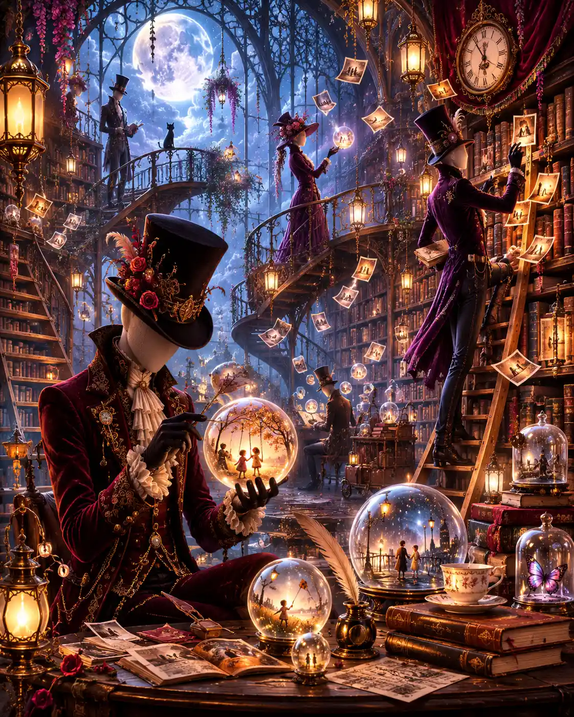 Velvet-clad beings arrange floating memories in a moonlit library
