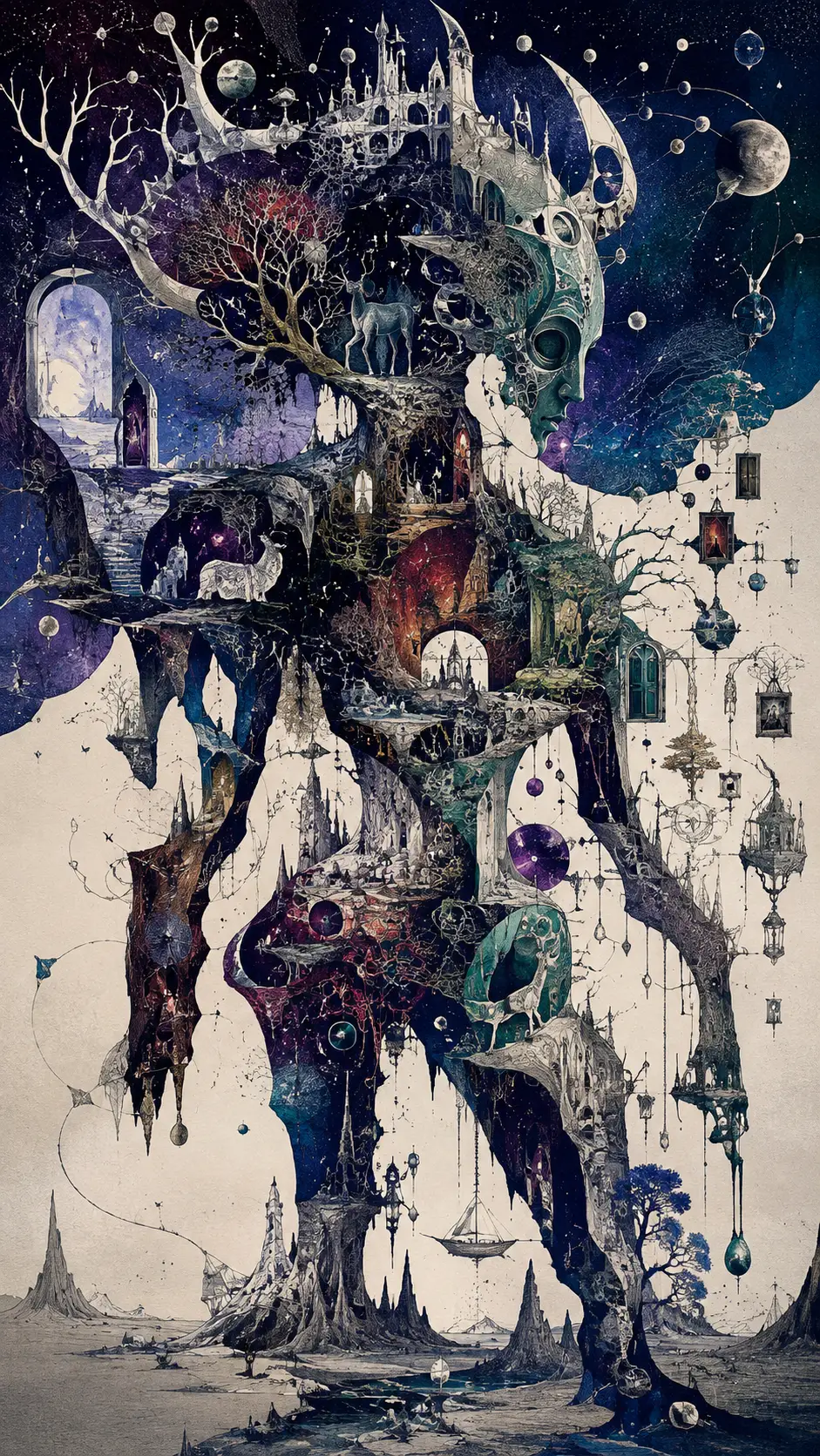 一隻巨大的超現實生物，獨自佇立在空曠的荒野中