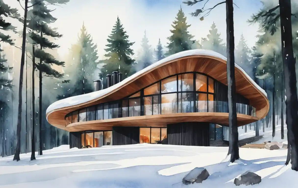 A modern wood cabin nestled in a snowy forest