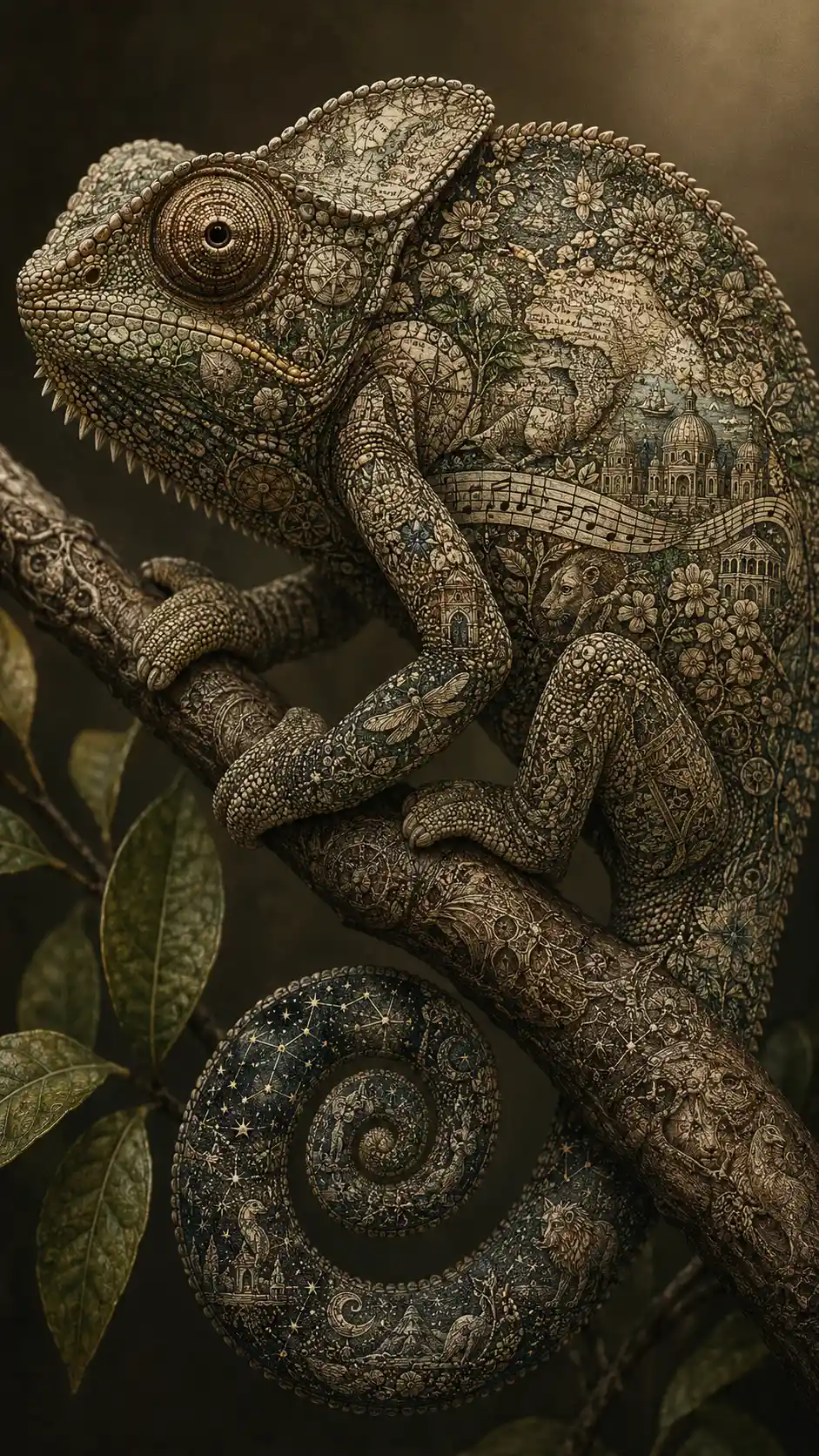 A chameleon perched on a branch with intricate engraved scales