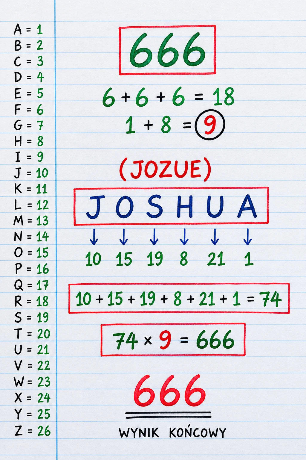 Handwritten gematria infographic for the word Joshua on ruled paper