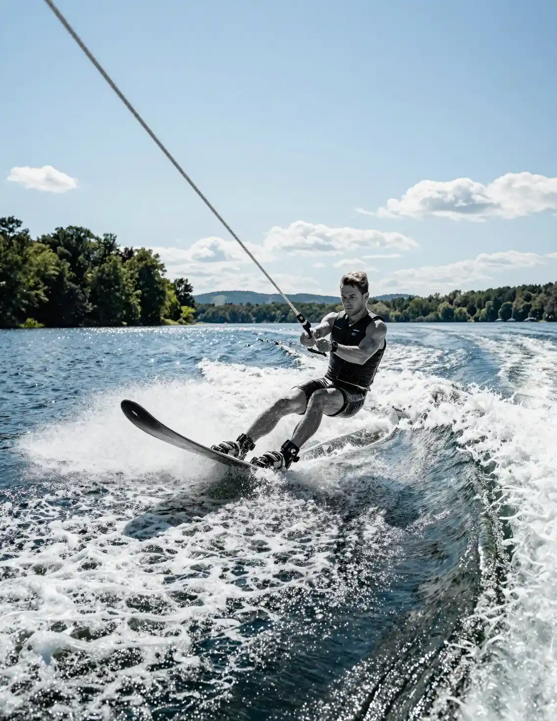 Water skier races across a sunlit lake with a foamy wake
