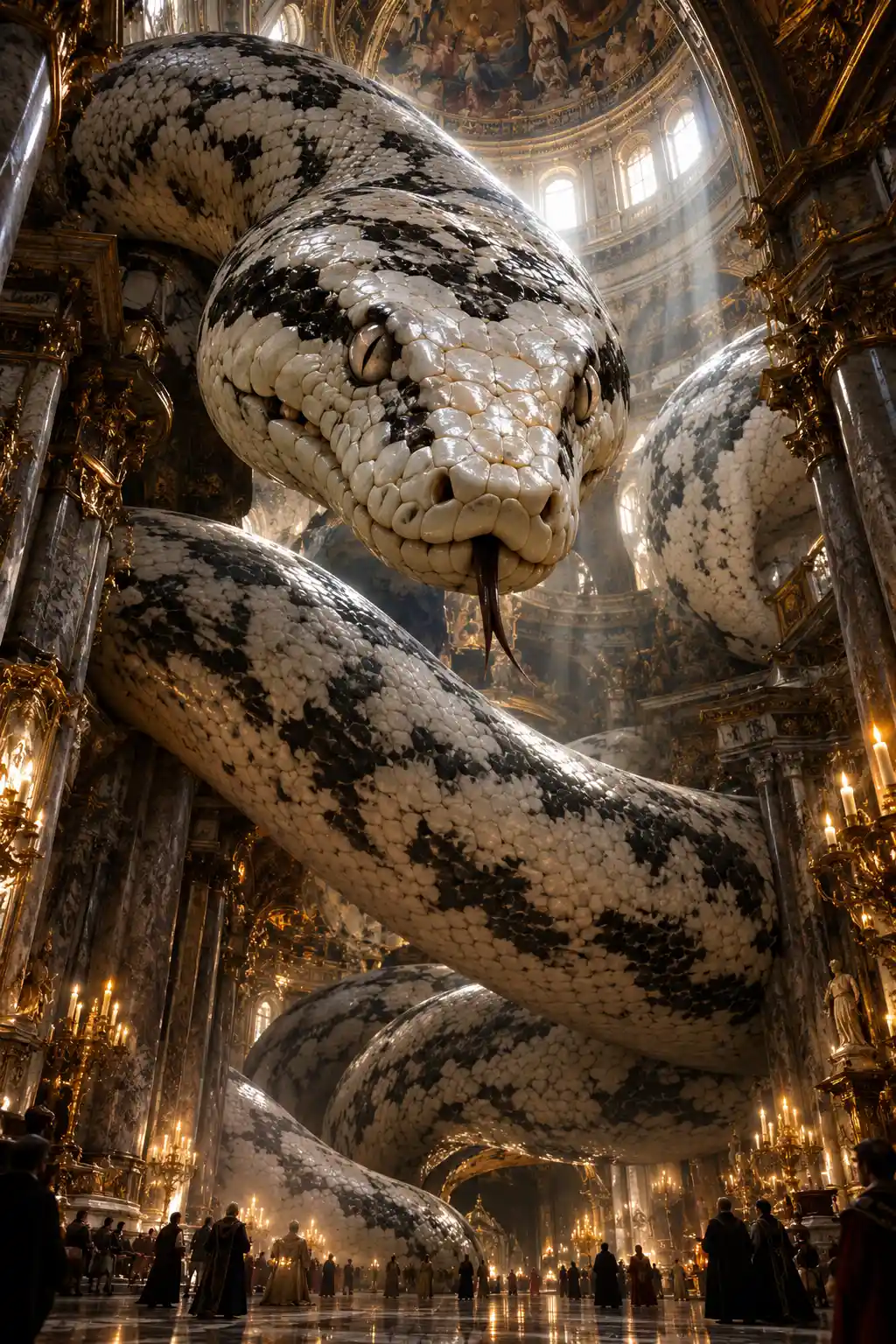 Eine gewaltige weiße Python windet sich durch das vergoldete Innere einer Kathedrale