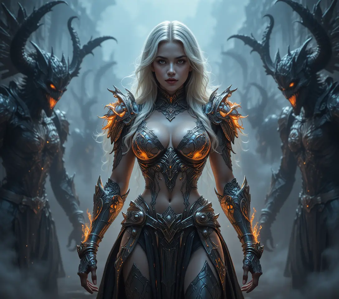 A blonde paladin faces shadowy succubi in glowing glass armor