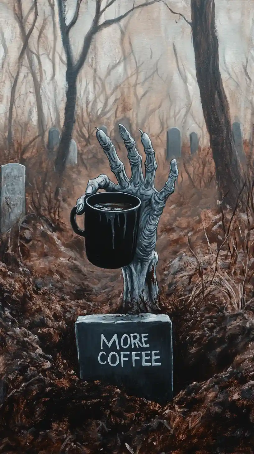 A zombie hand rises from a grave beneath a coffee epitaph