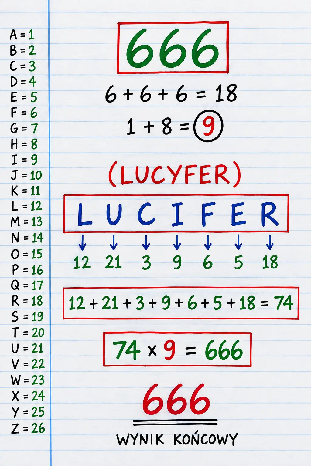 Handwritten Lucifer gematria infographic on a ruled notebook page