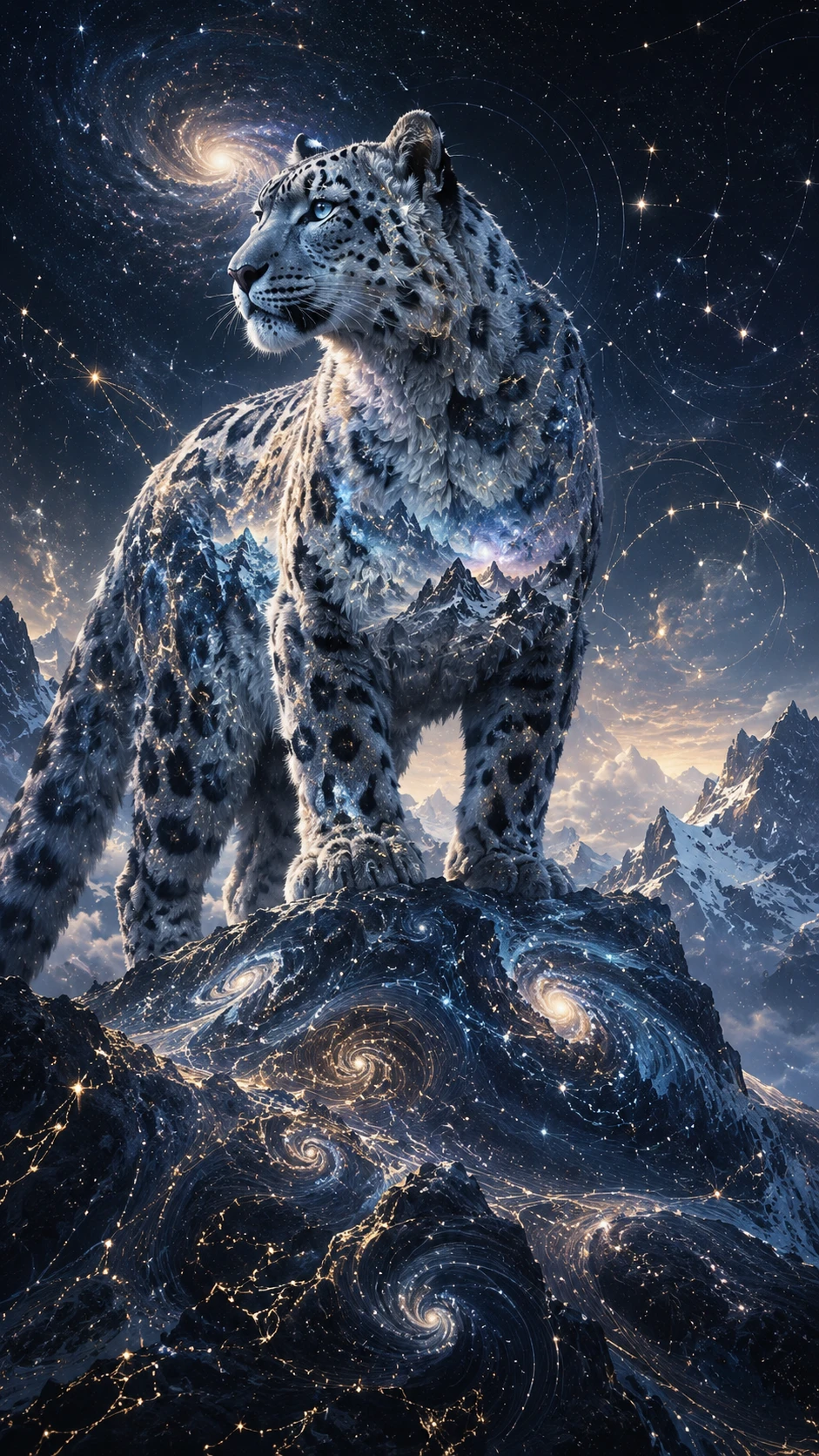 산의 바위가 은하와 별자리로 변하는 가운데 서 있는 눈표범