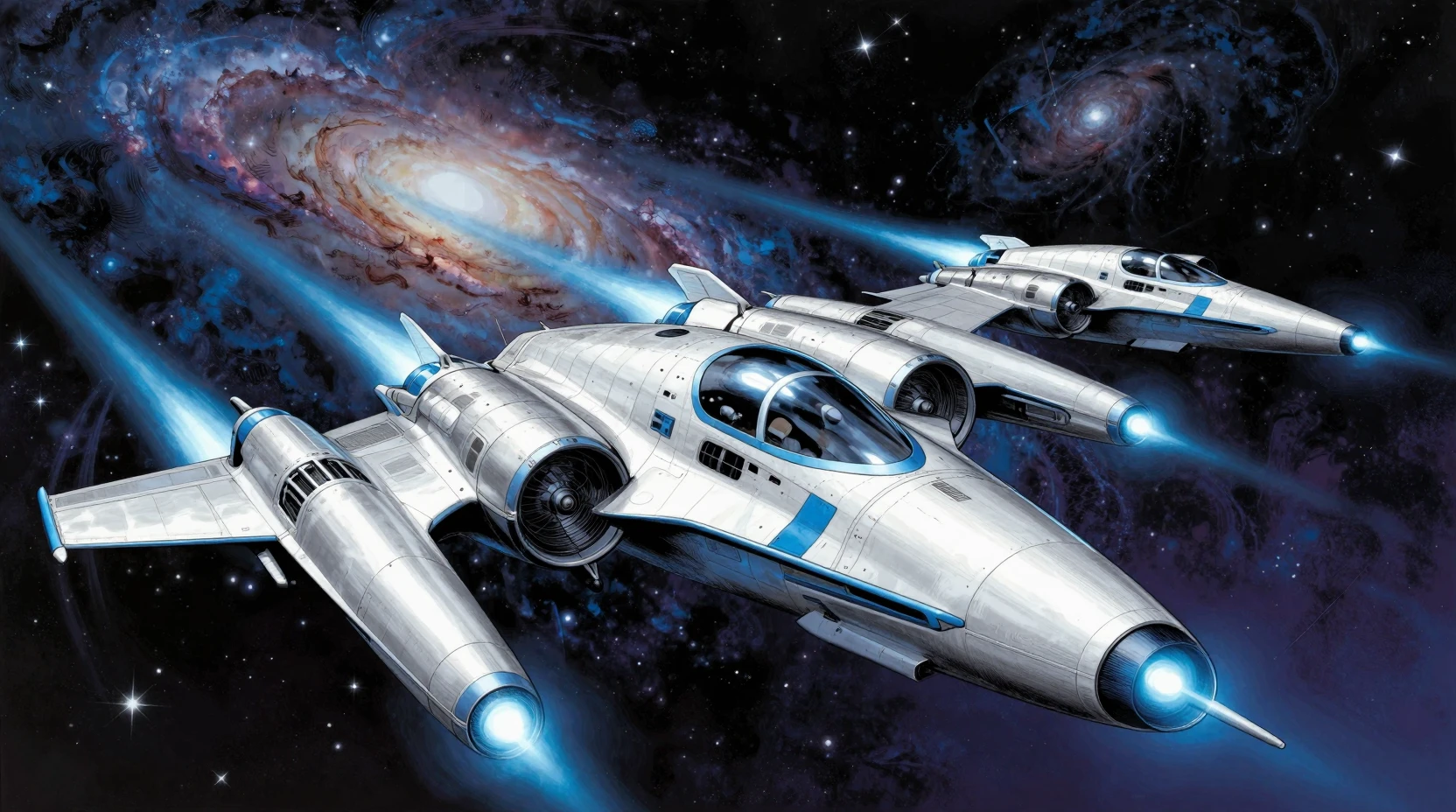 A squadron of starfighters sweeps across a distant galactic starfield