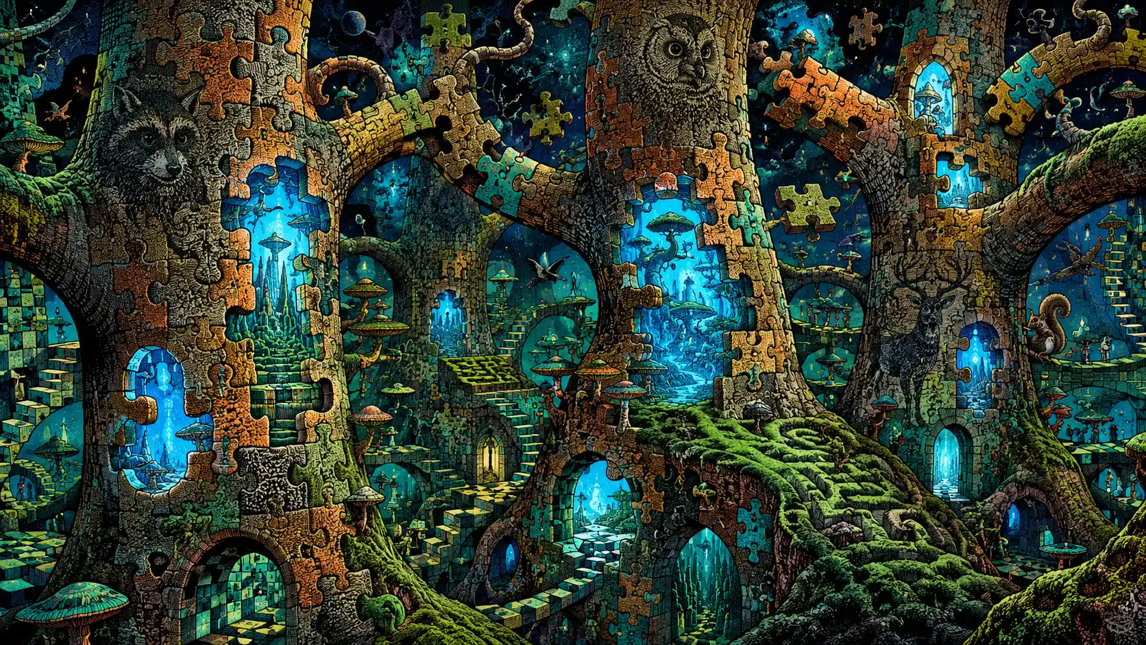 Gigantic Trees With Puzzle Piece Bark Reveal Glowing Forest Portals