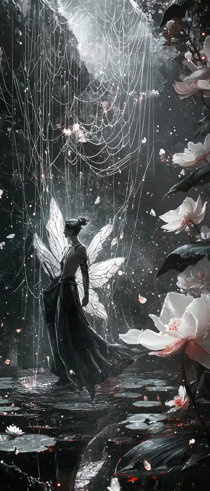 A male fairy among giant orchids and glimmering spiderwebs