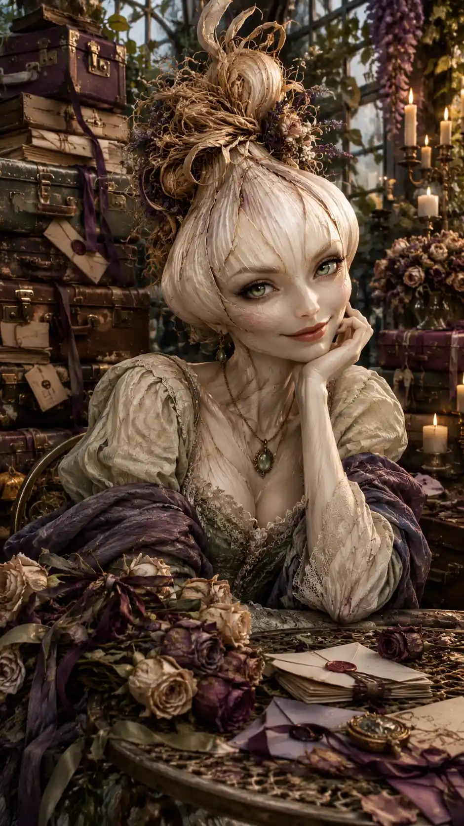 A garlic bulb woman poses among suitcases and wilted bouquets