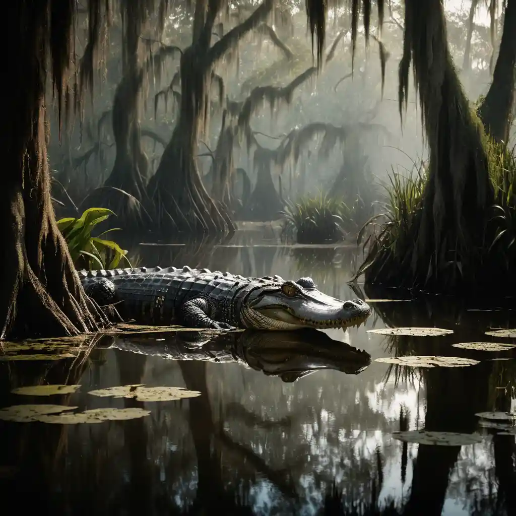 An American alligator lurks beneath the still waters of a Louisiana bayou