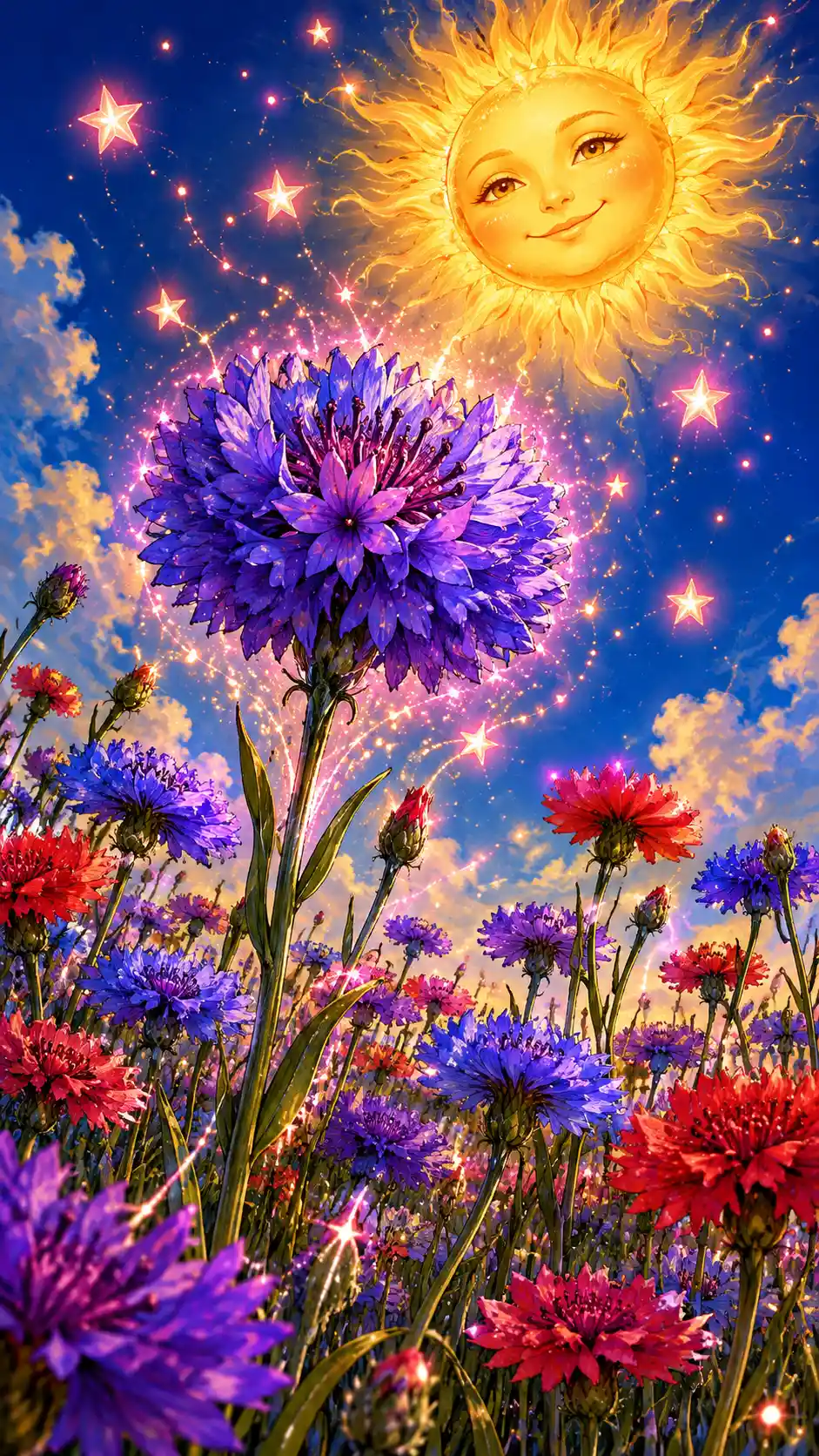 A Giant Spherical Flower Rises Above a Colorful Cornflower Field