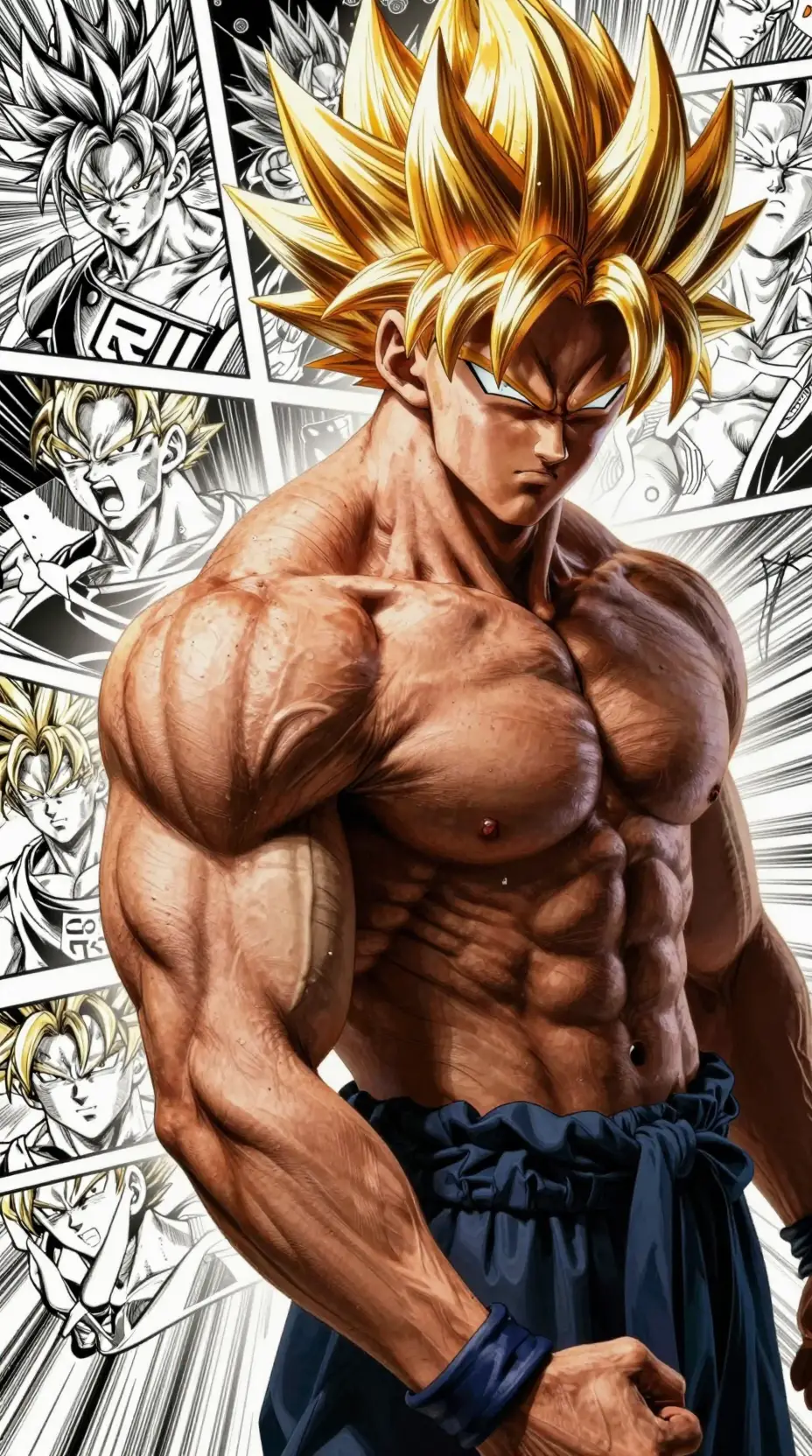 Athletischer Bodybuilder mit übertriebenen Muskeln bei einem Fotoshooting im Comic-Stil