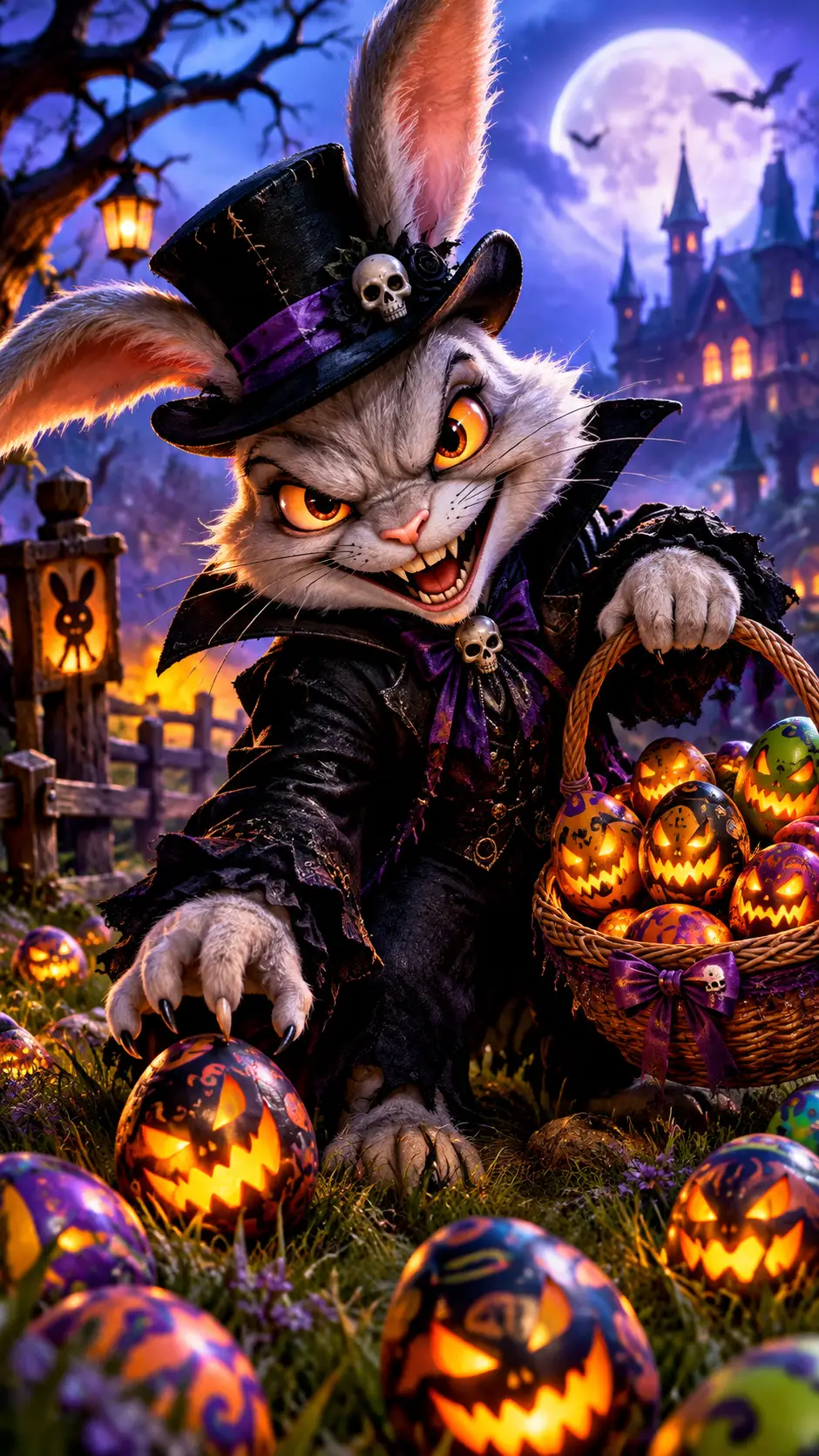 A mischievous Easter rabbit in a spooky black gothic costume