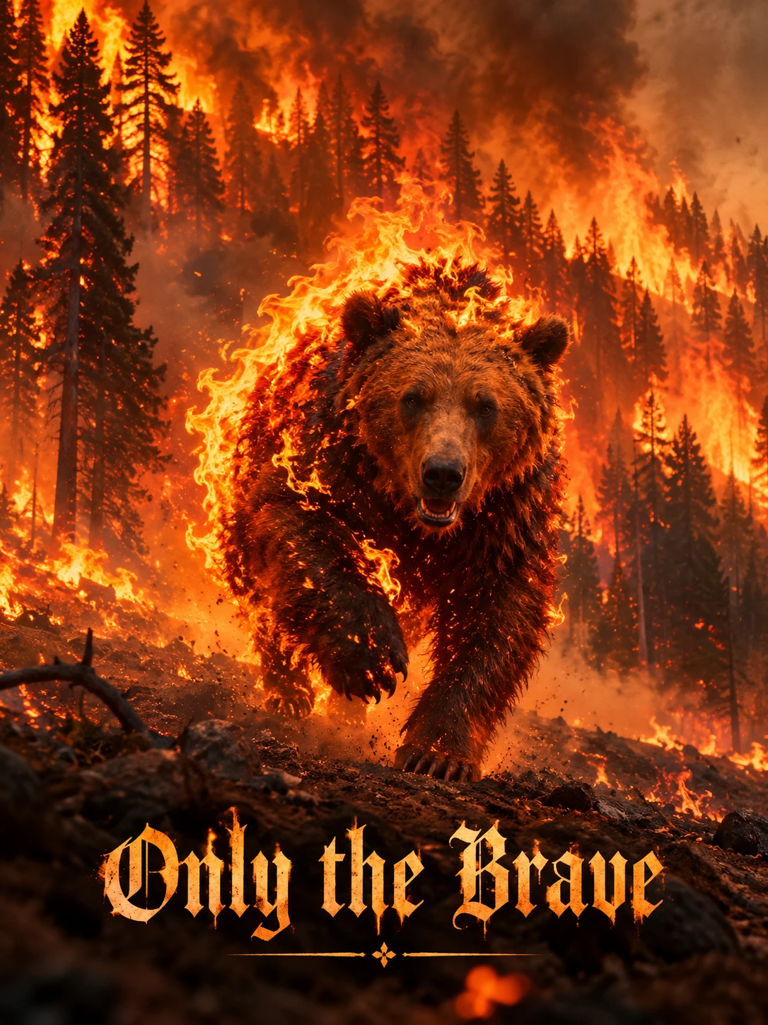 A Bear Ablaze Runs From a Massive Forest Fire in the Woods