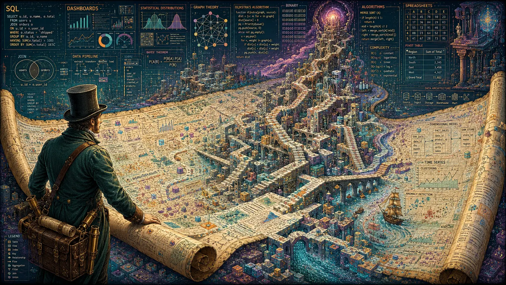 Un esploratore vittoriano dispiega una mappa infinita di surreali strade di dati