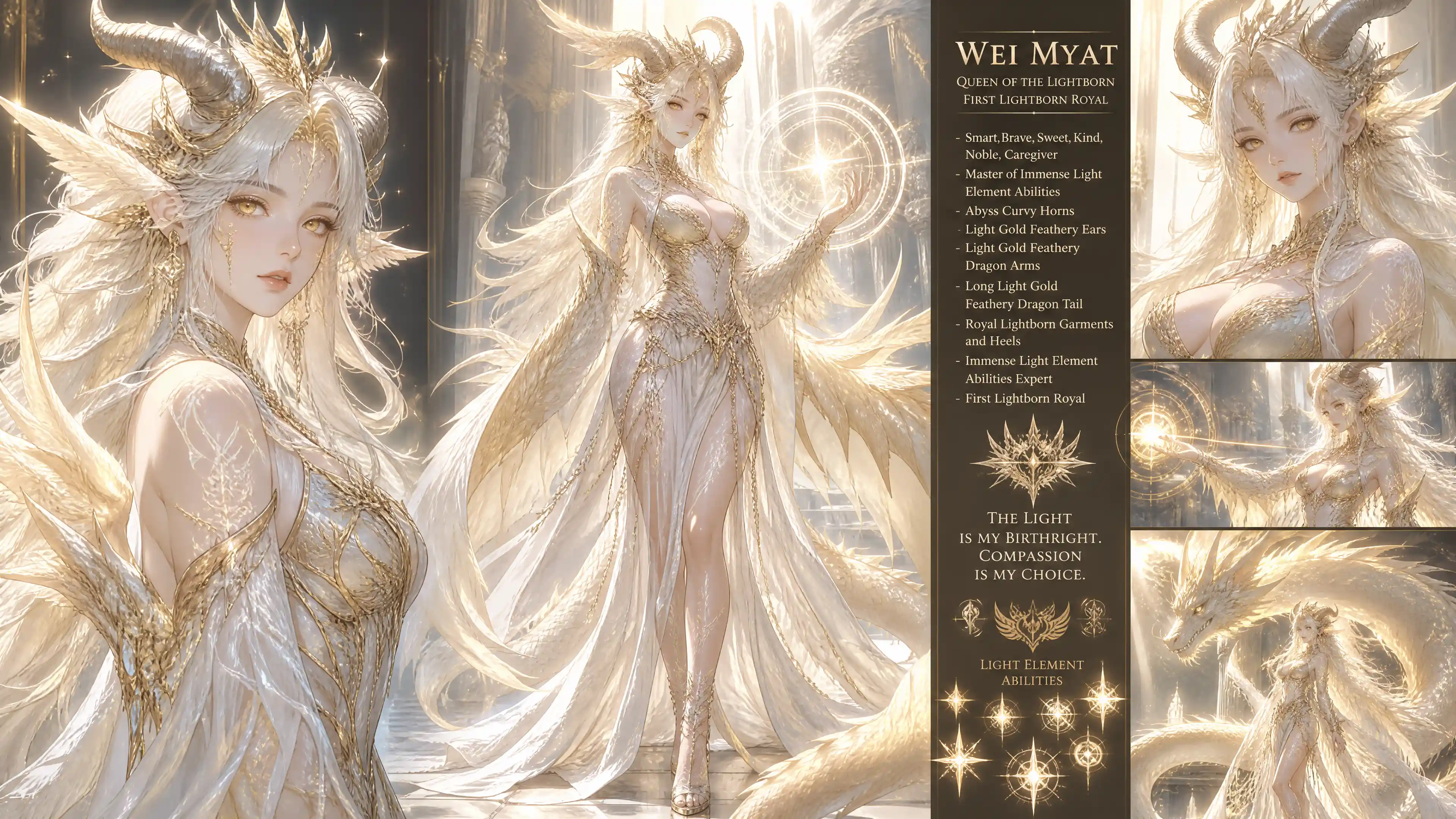 A fantasy queen with horns, feathery dragon arms, and a long tail
