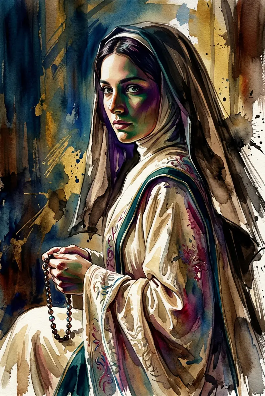 A nun glances over her shoulder in a close up fantasy portrait